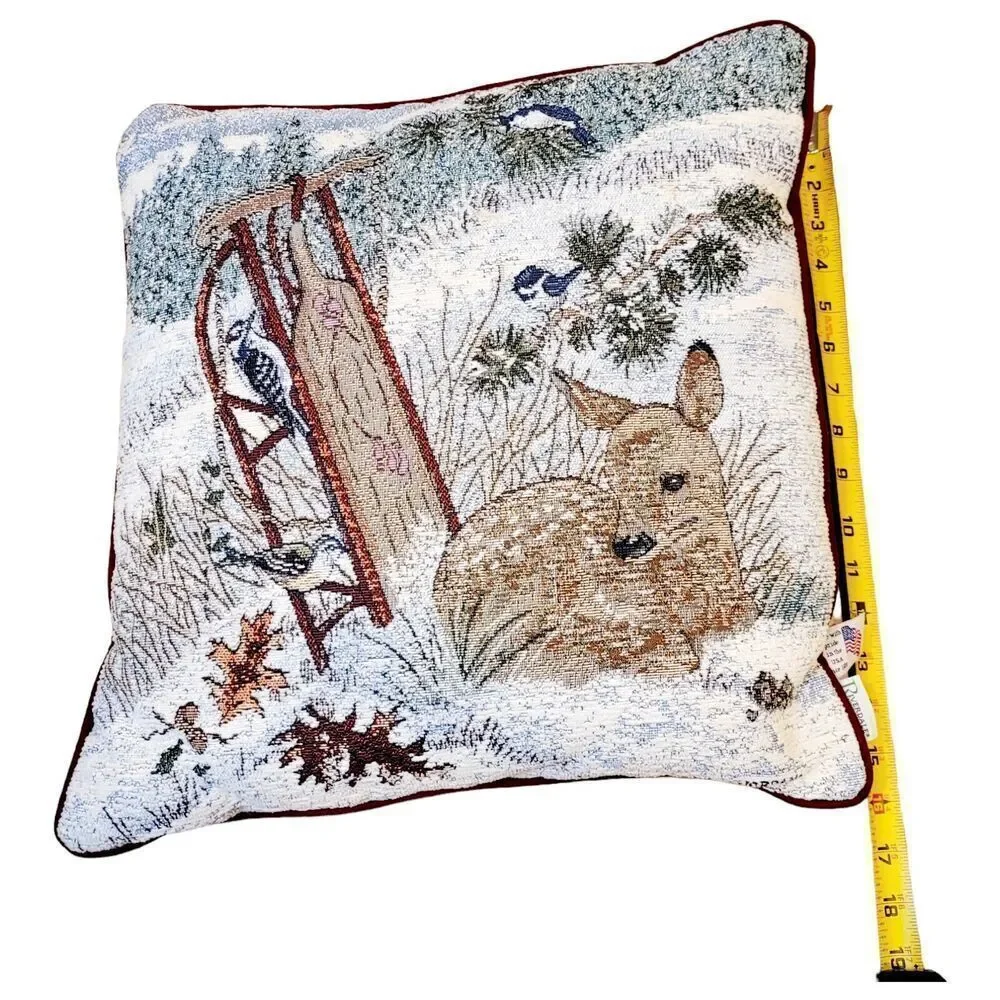Vtg Riverdale Needlepoin Deer Fawn Sleigh Winter Christmas Throw Pillow Tapestry